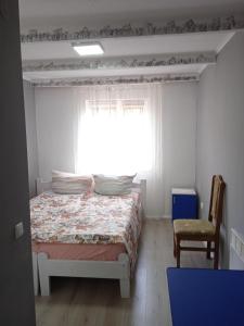 a bedroom with a bed and a window and a chair at Pidkova in Verkhovyna