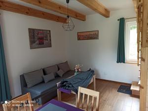 sala de estar con sofá y mesa en Urokliwy domek na mazurach, en Pilec