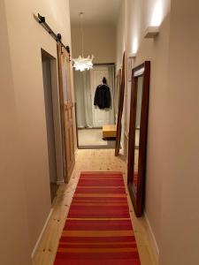 a hallway with a red rug on the floor at FeWo Grüne Mommsenstraße - bei Becker klingeln in Berlin