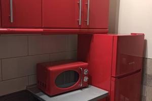 a red microwave sitting on a shelf in a kitchen at Bed and Garden in Kanoni