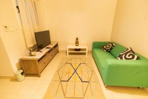 uma sala de estar com um sofá verde e uma televisão em Lily Mint Spacious 3BR Apt in Maadi W-TV and WIFI no Cairo