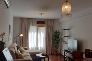 een woonkamer met een bank en een tv bij Mara Arenal Sevilla in Sevilla