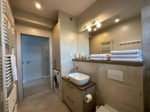 ein Badezimmer mit einem Waschbecken und einer Waschmaschine in der Unterkunft APARTAMENTY "LA VILLA" SUPERIOR III z prywatnym ogrodem, tarasem i parkingiem in Kudowa-Zdrój
