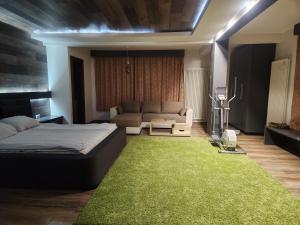 a bedroom with a bed and a couch and a green rug at Villa Kolonia in Sarajevo
