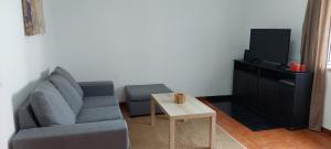 a living room with a couch and a tv and a table at Lideal in Coimbra