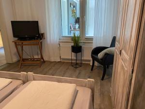 a room with a bed and a television and a chair at Pension Sandfeld in Teterow