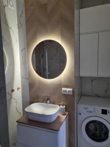 a bathroom with a sink and a washing machine at Przystań Natura Apartamenty nad rzeką, cisza i rowery in Iława