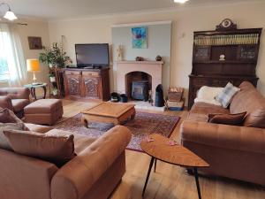 a living room with brown furniture and a fireplace at Scottish sea view near beach in Cockburnspath