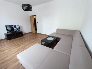 a living room with a couch and a tv at Wesoła3 in Żywiec
