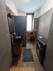 a bathroom with a sink and a washing machine at Wesoła3 in Żywiec