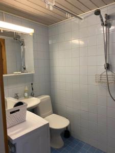 ein Badezimmer mit einem WC, einem Waschbecken und einem Spiegel in der Unterkunft Viihtyisä huoneisto keskustassa. in Kotka