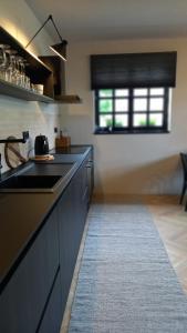 eine Küche mit schwarzen Schränken, einem Waschbecken und einem Fenster in der Unterkunft Villa Luna in Sedlec