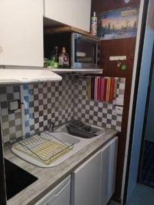 een keuken met een aanrecht en een wastafel bij J'Aime la montagne in Mâcot La Plagne