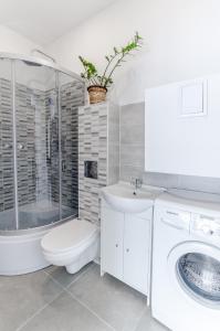 W łazience znajduje się toaleta, umywalka i pralka. w obiekcie Pokoje Gościnne u Joli w mieście Pogórze