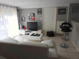 ein Wohnzimmer mit einem Sofa und einem TV in der Unterkunft La maison des roses in Chadrac