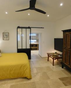 a bedroom with a yellow bed and a flat screen tv at Studio Calme Hyper Centre Brive in Brive-la-Gaillarde