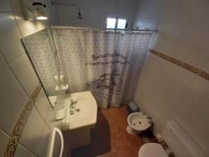 a bathroom with a sink and a toilet and a shower curtain at Departamento dos dormitorios con cochera Tres Arroyos -2- in Tres Arroyos