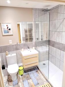 a bathroom with a shower and a toilet and a sink at Tottenham Spur Hideaway in London