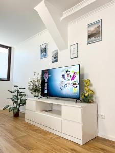 a living room with a television on a white entertainment center at 866 Plagwitz Apartment (Kulturviertel) in Leipzig