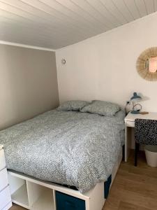 - une petite chambre avec un lit et un bureau dans l'établissement Cottage des vignes, à Pessac