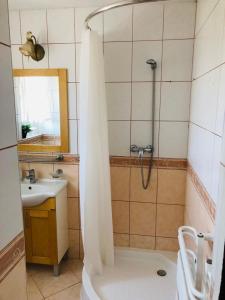 La salle de bains est pourvue d'une douche et d'un lavabo. dans l'établissement Bałtycki Zakątek, à Władysławowo