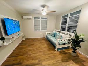 a living room with a couch and a flat screen tv at Home for your stay in Humacao