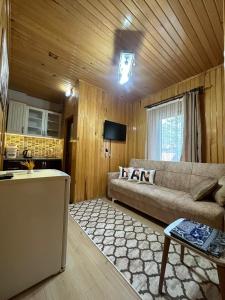 ein Wohnzimmer mit Sofa und eine Küche in der Unterkunft Han PANSİYON in Çaykara