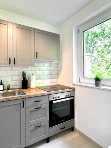 cocina con fregadero, fogones y ventana en Sali - R2 - Apartmenthaus, WLAN, TV en Remscheid