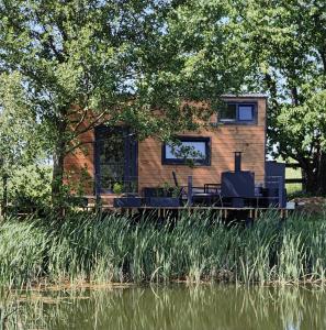 una pequeña casa en el borde de un cuerpo de agua en TinyHouse am Naturteich - Nähe Sächsische Schweiz, Dresden, en Großharthau