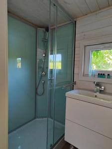 y baño con ducha y lavamanos. en TinyHouse am Naturteich - Nähe Sächsische Schweiz, Dresden, en Großharthau