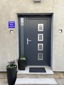 a blue door on a building with two potted plants at Apartman Beli in Vinkovci