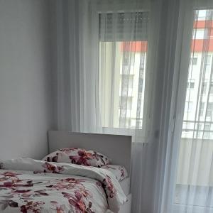 1 dormitorio con 2 camas y 2 ventanas en Street C apartment nr 2 en Pristina