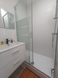 a bathroom with a shower and a sink and a mirror at Coquet studio au centre port du Cap d'Agde in Cap d'Agde