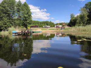 a view of a lake with a dock and trees at DOMEK NAD JEZIOREM in Żywki