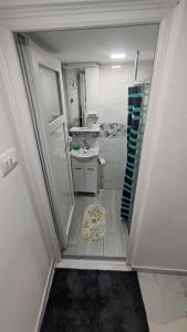 a small bathroom with a sink and a shower at Glossy private apartment in Sarajevo