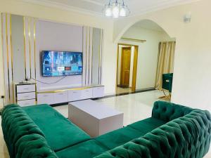 a living room with a green couch and a tv at Appartement Rapha'ella Meublé in Yaoundé