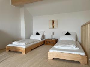 two twin beds in a room with at Gamsfels Petronella Galeriewohnung in Langen bei Bregenz