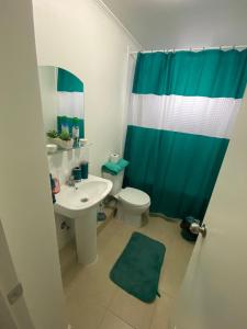 a bathroom with a sink and a toilet and a blue shower curtain at Dpto Full Equipado ,6 Pers ,2 Baños + Estacionamiento in Puerto Montt