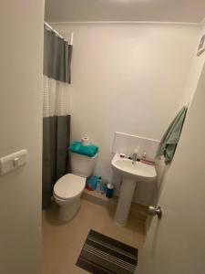 a small bathroom with a toilet and a sink at Dpto Full Equipado ,6 Pers ,2 Baños + Estacionamiento in Puerto Montt
