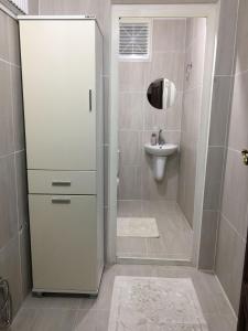 e bagno con doccia, servizi igienici e lavandino. di Kemer Köyü Kır Evi a Cayeli