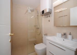 ein Bad mit einer Dusche, einem WC und einem Waschbecken in der Unterkunft Rooms Dilk in Vis
