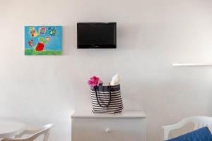 a vase on a table with a tv on a wall at BED BIANCANEVE Miniappartamento in Villanova di Ostuni