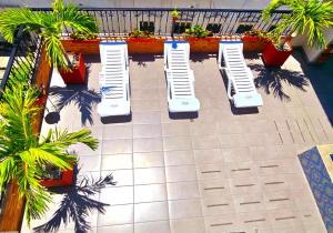 a row of white chairs on a patio with palm trees at Hotel Carolina Del Mar in Santa Marta +62 photos