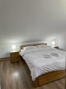 a bedroom with a large bed with two night stands at Apartmani Milosavljević in Kuršumlija