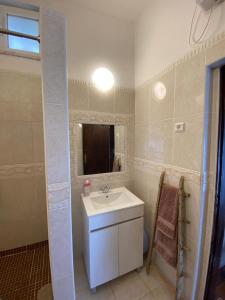 y baño con lavabo y espejo. en Casa Alfarroba en Barão de São Miguel