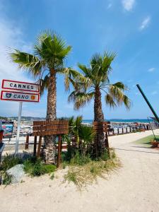 dos palmeras y un cartel en la playa en Studio bord de mer avec parking privé, en Cannes