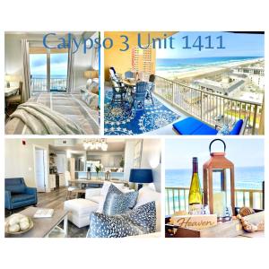 eine Collage mit Fotos von einem Wohnzimmer und einem Esszimmer in der Unterkunft Beach N View Calypso 3 in Panama City Beach