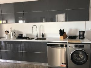 een keuken met een wastafel en een wasmachine bij SUNSEA HOUSE in Altares