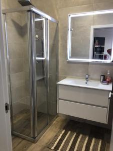 bagno con doccia, lavandino e specchio di SUNSEA HOUSE a Altares