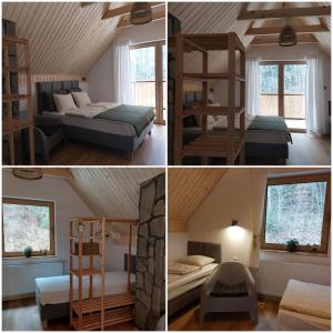 3 photos d'une chambre avec des lits superposés et d'une chambre dans l'établissement Domki Zew Natury, à Lesko